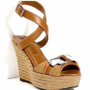NWOT | Burberry Nova Check Leather Wedge Sandals | Ankle Strap | EU 39